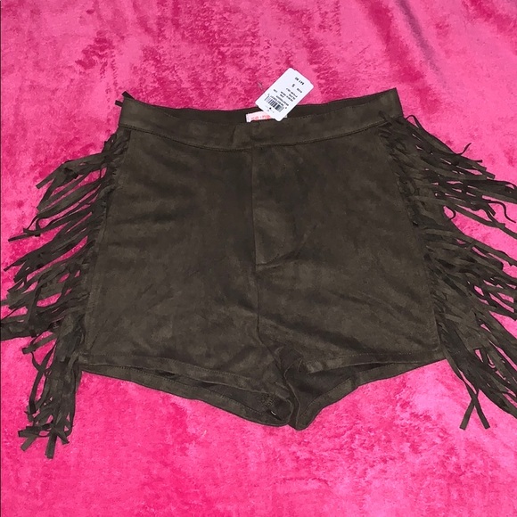 Windsor Pants - Olive suede shorts with fringe down the sides